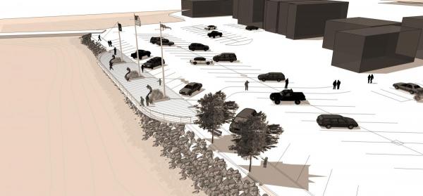 An artist's drawing of the cars, a parking lot, buildings, trees, and a river.